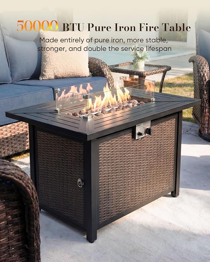 Belord Upgraded 6“ Cushion Luxury Patio Furniture Set with Fire Pit Table - 11 Piece Wicker Outdoor Furniture with High Back Swivel Rocker Patio Chairs, Conversation Set for Deck Porch - Brown/Blue