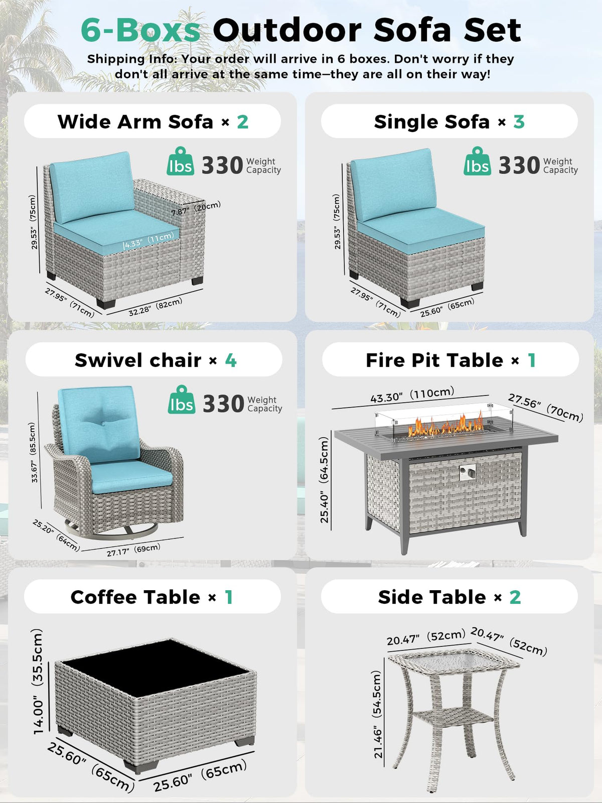 13 Piece Outdoor Wicker Patio Furniture Set with Swivel Chairs & Fire Pit