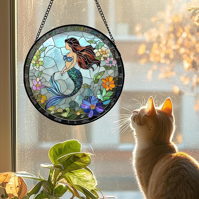 JOSUMALY Stained Glass Window Hanging - Light Blue Mermaid Suncatcher for Door Terrace Garden Home Decor, Ocean Flowers Sun Catcher Birthday Gifts for Lovers Women Men Dad Mom Nana 9.8 in