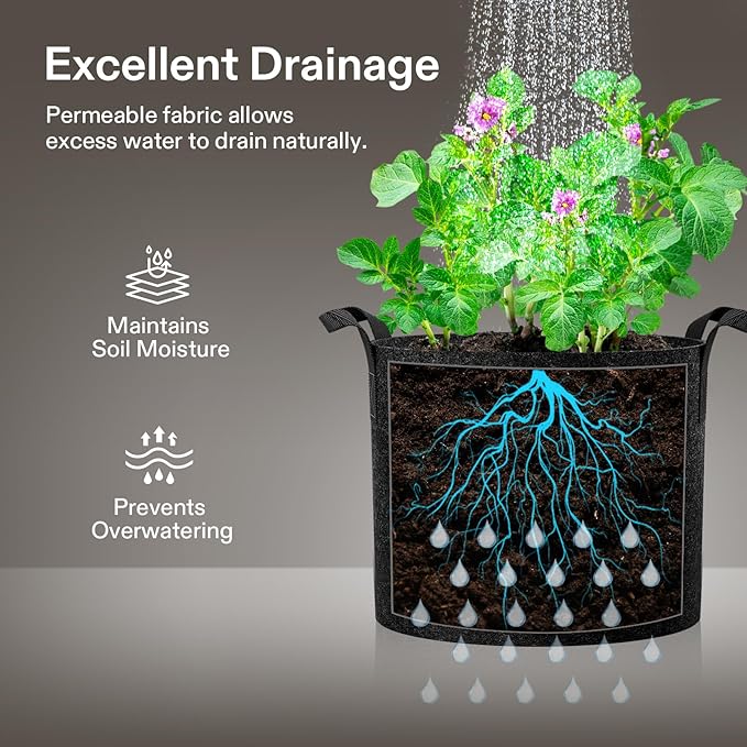 VIVOSUN 5-Pack 15 Gallon Plant Grow Bags, Heavy Duty Thickened Nonwoven Fabric Pots with Handles