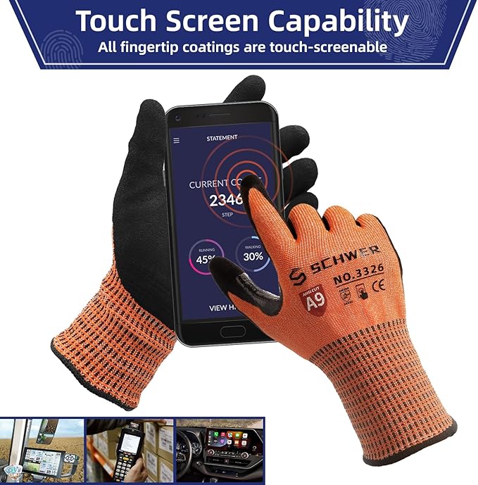 Schwer ProGuard Highest Level Cut Resistant Work Gloves PR3326 for Extreme Protection，ANSI A9 Cut Gloves with Reinforced Thumb, Non Slip, Breathable, Durable, Touch-screen, Non PFAS, Orange 1 Pair（L）
