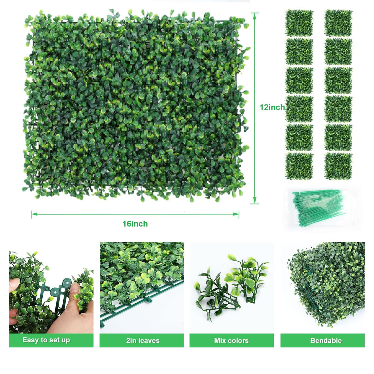 4-Layer Grass Wall Panels 8 Pack, 12”x16” Artificial Boxwood Panel