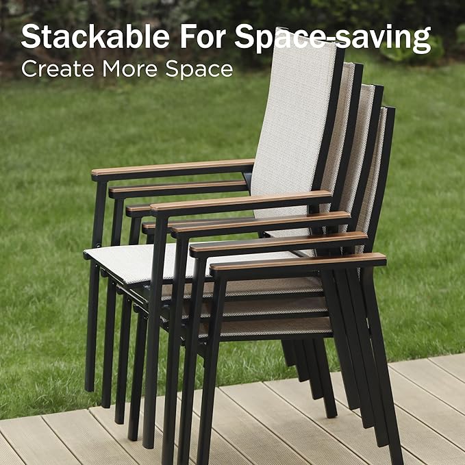 PHI VILLA Outdoor Stackable Chairs, Patio Chairs Set of 6, Light Weight Aluminum Frame with Textilene Fabric & Wood Armrest, High Back Deck Chairs for Poolside Lawn Garden, Beige