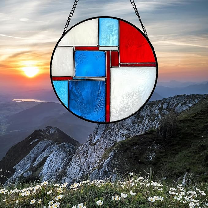 AMDERVEN Stained Glass Window Hanging 4 Pcs Set Abstract Flowers in Red White Blue Large 15" - Suncatcher Door Garden Sun Catcher Decor Birthday Mother's Day Xmas Gift for Mom Woman Nana Men Parents