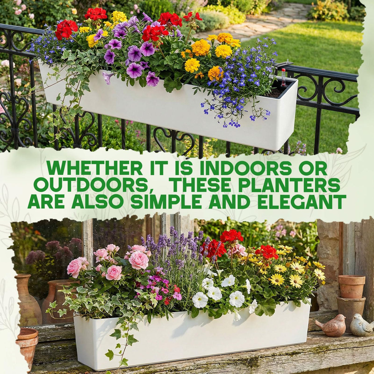 Purpeak 2 Pack Hanging Wall Planter Boxes 40" Large White Rectangular Flower Box with Window Bracket Self Watering System Railing Planter Outdoor Plant Pot Container Deck Rail Fence Balcony