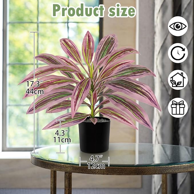 Artificial Plants Indoor with Pot, 19" Fake Potted Plants Medium Artificial Dracaena Plant in Black Pot Faux Tropical Plants for Bathroom Living Room Office Desk Shelf Decor