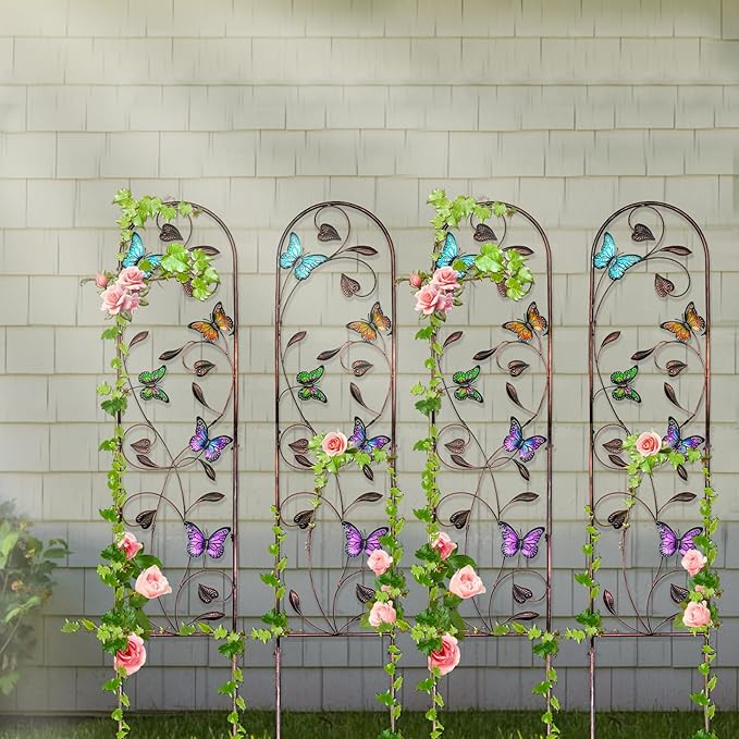 aboxoo Set of 4 Packs Butterfly Metal Garden Trellis for Climbing Plants,Outdoor Decorative Flowers Arch Fence Trellis for Outdoor Patio,Garden,Lawn,Yard,Backyard,Wall Brackets,60'' H x 11'' W