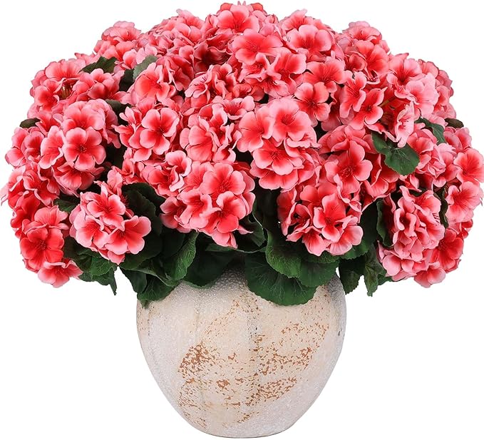 Hananona Artificial Geranium Flowers for Outdoors Geranium Silk Flowers Outdoor UV Resistant Garden Plants Faux Flowers for Home Kitchen Table Centerpieces Decor (12, Peach)