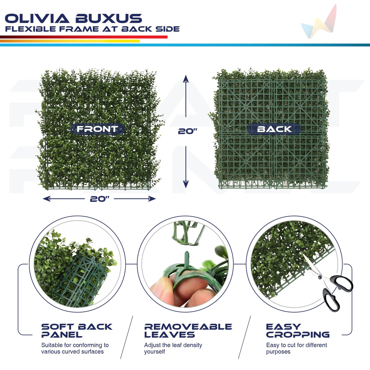 Windscreen4less 2 PCS 20"x20" Artificial Boxwood Panels Faux Plant Grass Green Wall Panel Decoration for Outdoor Indoor Garden Backyard (Olivia Buxus)