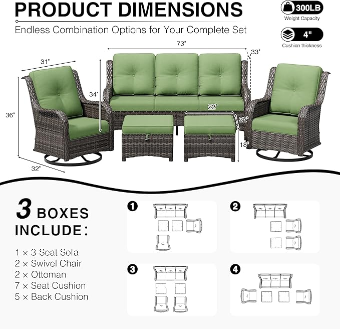 Joyside 5 Piece Wicker Patio Furniture Set, Outdoor Swivel Rocker Patio Chairs with High Back, Deep Seating, Wide Armrest, Thickened Cushions, Outdoor Furniture for Deck, Porch Use