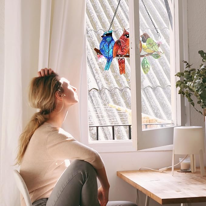DASTOLL Stained Glass Window Hanging - Hummingbird on Branch Suncatcher Hand-Painted Double Side Stain Glass Cardinal Gifts Sun Catcher for Windows Doors Room Outdoor Home Decoration