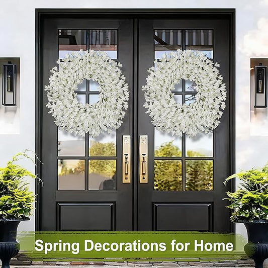 26 Inch Spring Wreaths for Front Door Large Easter Valentines Forsythia Floral Summer Spring Door Wreaths Outdoor All Season Spring Decorations for Home Porch Room Window Wall Farmhouse Decor(White-R)