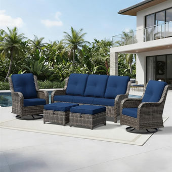 Joyside 5 Piece Wicker Patio Furniture Set, Outdoor Swivel Rocker Patio Chairs with High Back, Deep Seating, Wide Armrest, Thickened Cushions, Outdoor Furniture for Deck, Porch Use