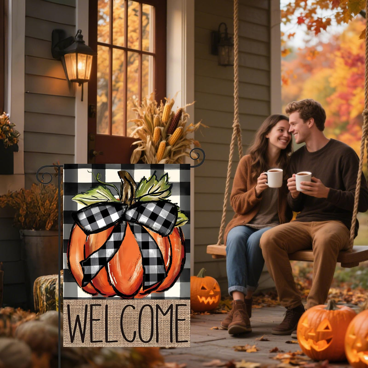 Fall Garden Flags for Outside 12x18 | Garden Flag Pumpkin Buffalo Plaid