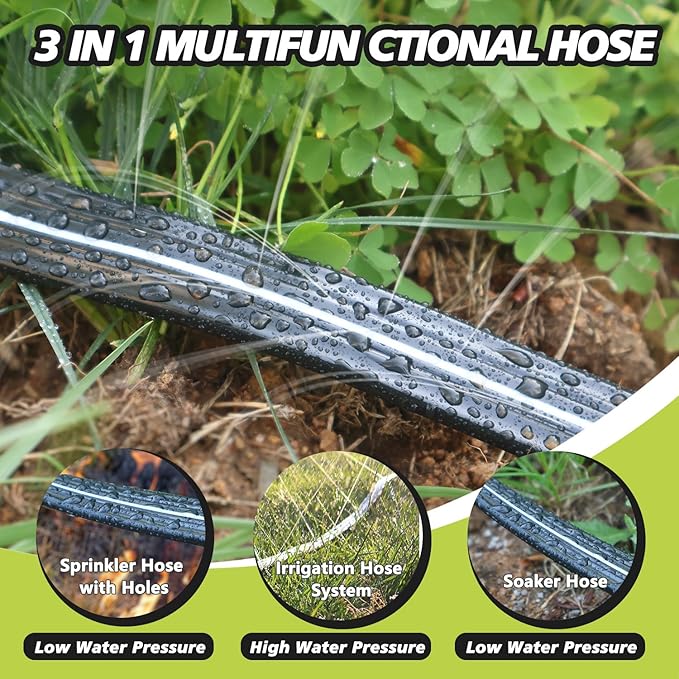 2-Pack Sprinkler Hose with Holes 15 Ft, Flat Soaker Hose 30 ft with Garden Staples, Drip Irrigation Hoses for Lawn, Watering Hose System (Black, 30 ft(15ftx2pack))