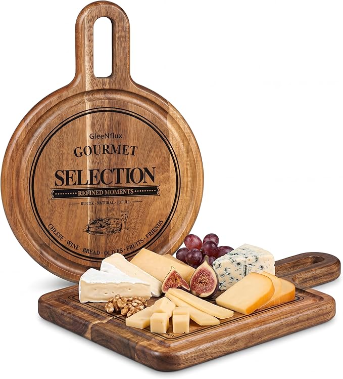 GleeNflux Acacia Wood Charcuterie & Cheese Board Set, 2-Piece Mini Serving Boards for Cheese, Fruit, Nuts & Appetizers – Elegant Snack Boards for Entertaining & Gift Giving