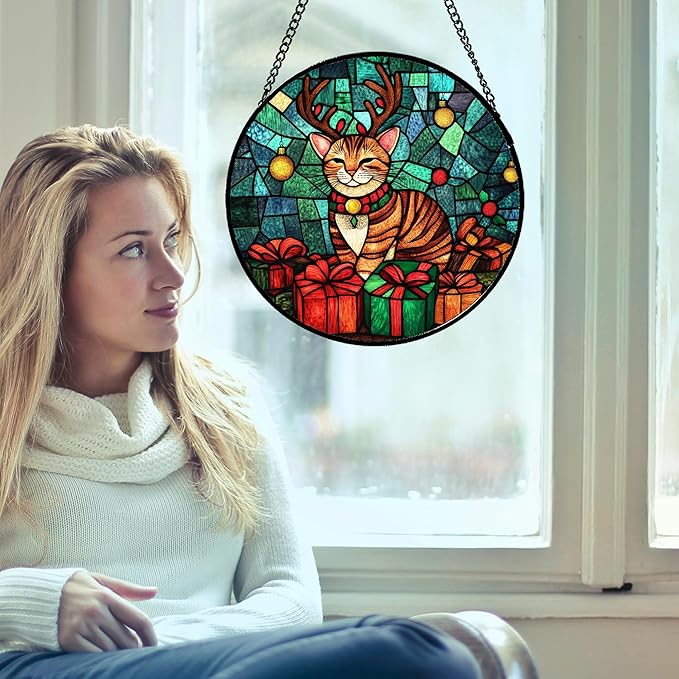 Stained Glass Window Hanging Cat with Elk Antlers 7.8" - Suncatcher Door Garden Sun Catcher Home Decor Birthday Christmas for Lost Pets Mom Men Woman Nana