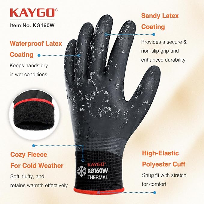 KAYGO Winter Waterproof Work Gloves for Men and Women, Thermal Insulated Freezer Rubber Coated Gloves,Super Grip,XL, KG160
