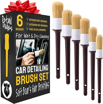 Boar Hair Detailing Brush Set - 9-Pack - Includes Wheel, Tire Brush & Tire Dressing Applicator - Soft Boar Hair Bristles - Scratch-Free Car Wash - Crevice Tools for Vents & Emblems