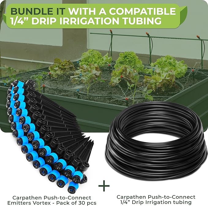 Carpathen 30pcs Drip Irrigation Emitters - 1/4" Drip Irrigation System Push-to-Connect - Adjustable 360 Degree Drip Emitters Vortex on 6" Sturdy Stake - Irrigation Drippers for Garden Watering System