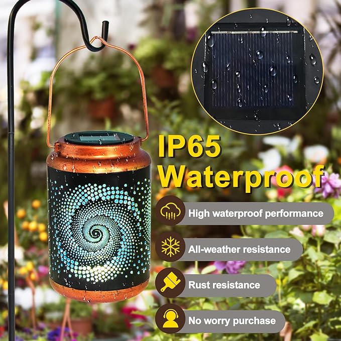 Solar Lanterns Outdoor Hanging Lantern Metal Waterproof LED Lantern with Solar Powered Garden Patio Decorations Decor with Handle Christmas Gift Idea