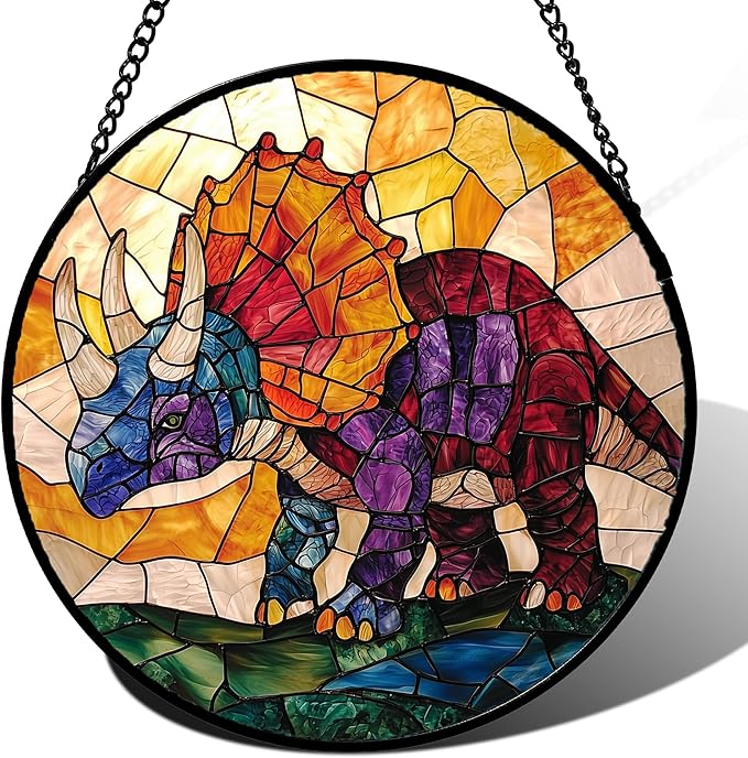 Stained Glass Window Hanging - Triceratops Abstract Dinosaur Suncatcher for Door Terrace Garden Home Decor, Orange Red Sun Catcher Birthday Gifts for Lovers Women Men Dad Mom Nana 15 in