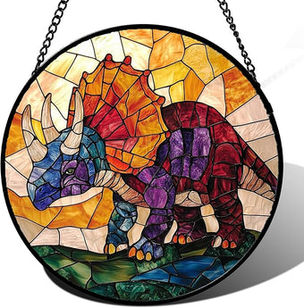 Stained Glass Window Hanging - Triceratops Abstract Dinosaur Suncatcher for Door Terrace Garden Home Decor, Orange Red Sun Catcher Birthday Gifts for Lovers Women Men Dad Mom Nana 15 in