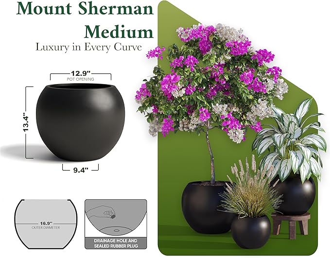 DTY Signature Mount Sherman Modern Indoor Outdoor Fiberstone Sphere Planter, Durable Round Garden Pot, Weather Resistant, Drainage Hole & Rubber Plug - Medium, Black