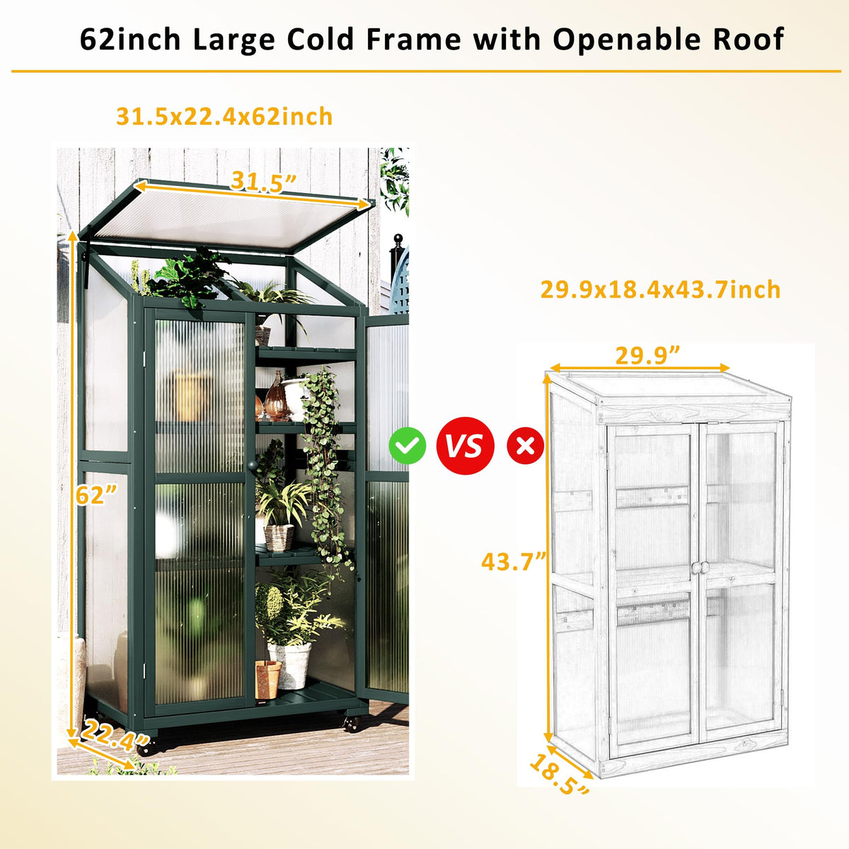 Cold Frame Greenhouse with Wheels, 62 Inch Portable Plant Cabinet