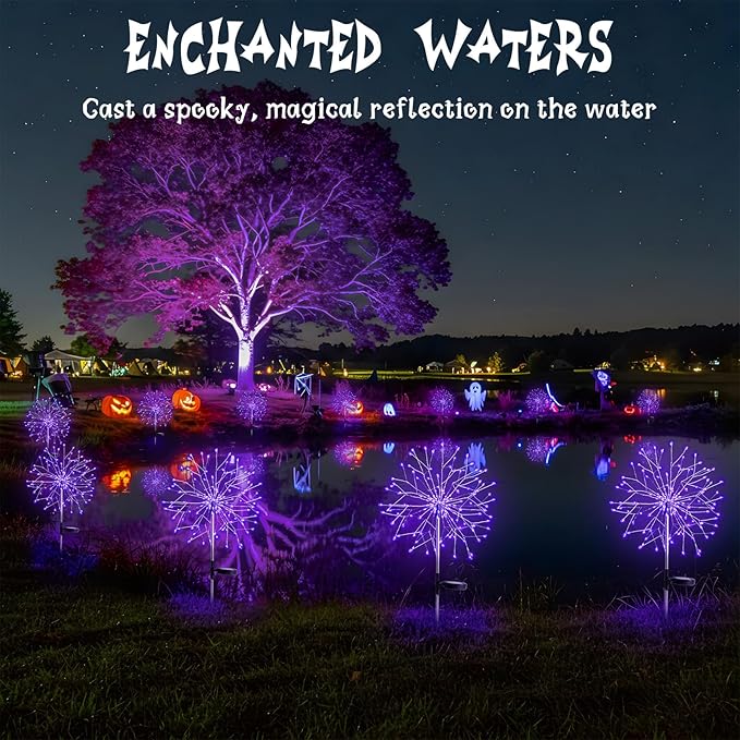 suddus 2 Pack Purple Halloween Lights Outdoor, 150LED Purple Solar Garden Lights with 8 Modes, Waterproof Solar Firework Light for Halloween Yard Garden Decorations