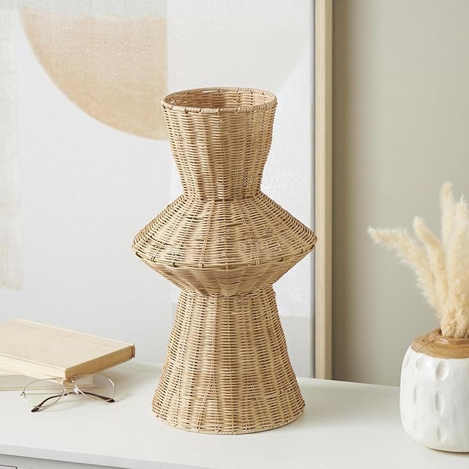 Deco 79 Rattan Handmade Decorative Vase Woven Tapered Fluted Centerpiece Vase, Vase for Home Decoration 10" x 10" x 18", Brown