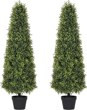 Azoco 4ft Artificial Boxwood Topiary Trees (Set of 2) - UV Resistant Faux Plants Outdoor, Realistic 48in Fake Potted Bushes and Shrubs for Front Porch, Planter, Patio - Low Maintenance & Evergreen