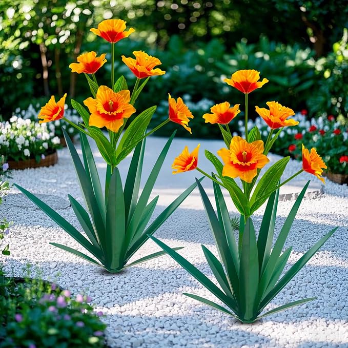 Homight Metal Agave Plant Outdoor Decoration Outdoor Garden Decoration Daffodils Flowers Mexican Yard Art Daffodils Flowers Decorative Garden Gift (2 Big Orange Daffodil)