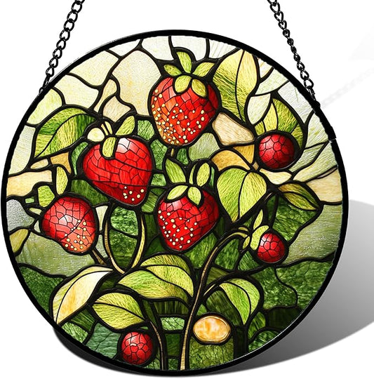 HWRHTR Stained Glass Window Hanging - Red Strawberry Suncatcher for Doors Window Home Green Plant Sun Catchers Decor Christmas Mother's Day Birthday Gifts for Teacher Women Men Mom Nana 9.8 in