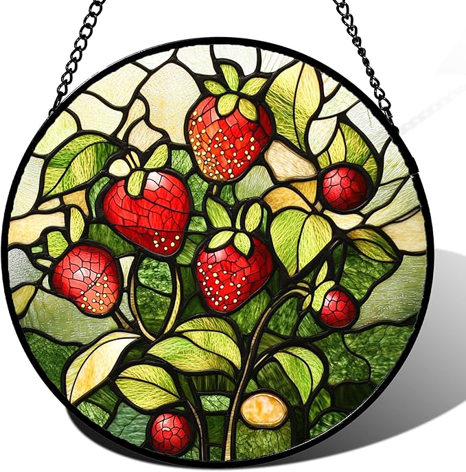 HWRHTR Stained Glass Window Hanging - Red Strawberry Suncatcher for Doors Window Home Green Plant Sun Catchers Decor Christmas Mother's Day Birthday Gifts for Teacher Women Men Mom Nana 6.3 in