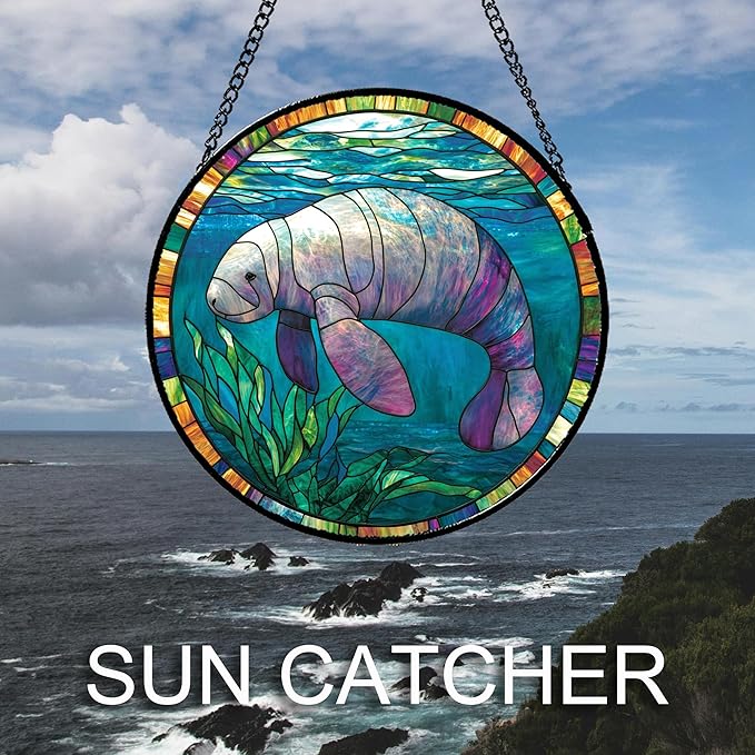 Stained Glass Window Hanging Blue Ocean Seaweed Manatee Large 11.8" - Suncatcher Door Garden Sunroom Sun Catcher Home Decor Birthday Christmas for Mom Men Woman Nana
