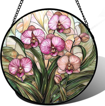 AMDERVEN Stained Glass Window Hanging - Pink Phalaenopsis Orchid Green Leaves Sun Catcher for Door Home Decor Flower Suncatcher Christmas Mother's Day Birthday Gifts for Women Men Mom Nana 11.8 in