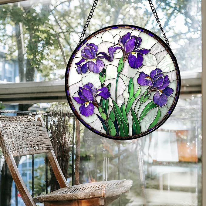 Stained Glass Window Hanging - Purple Iris Flower Sun Catcher for Door Terrace Garden Home Decor, Green Plants Suncatcher Birthday Gifts for Lovers Women Men Dad Mom Nana 6.3 in