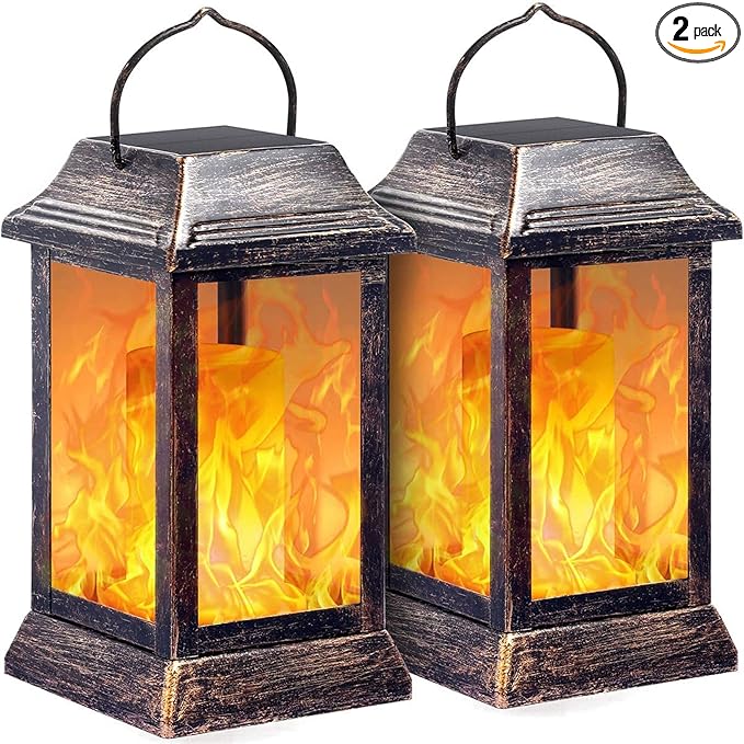 TomCare Solar Lights Metal Flickering Flame Solar Lantern Outdoor Hanging Lanterns Lighting Heavy Duty Solar Powered Waterproof LED Flame Lights for Outdoor Patio Garden, 2 Pack (Bronze)