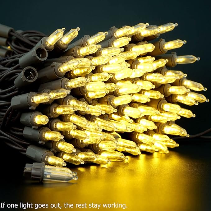 YULETIME 200 Warm White LED Christmas Lights, 66 Feet Brown Wire UL Certified Commercial Grade Holiday String Light Set