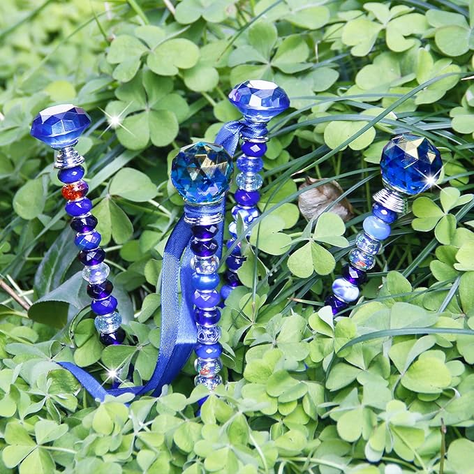 119 Pcs Garden Stake Diy Fairy Wand Plant Stake with Dark Blue Large Hole Beads Crystal Diamond Stopper Top 4 Stainless Steel Threaded Rod Beaded Garden Stakes For Outdoor Indoor Plant Pot Decorations