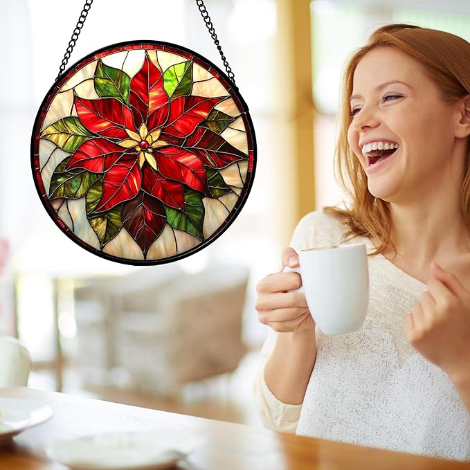 HWRHTR Stained Glass Window Hanging - Red Poinsettia Birth Flowers Suncatcher for Door Garden Yard Sun Catchers Decor Christmas Mother's Day Birthday Gifts for Women Mom Nana Teacher Friend 15 in