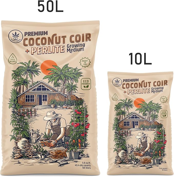 Happy Trees Coco Coir and Perlite Growing Medium, Potting Mix, Seed-Starting, Premium Quality Triple-Washed for Low Salt/EC, pH Balanced Loose Coconut Fiber, Peat-Free, 9 Quarts (10L)