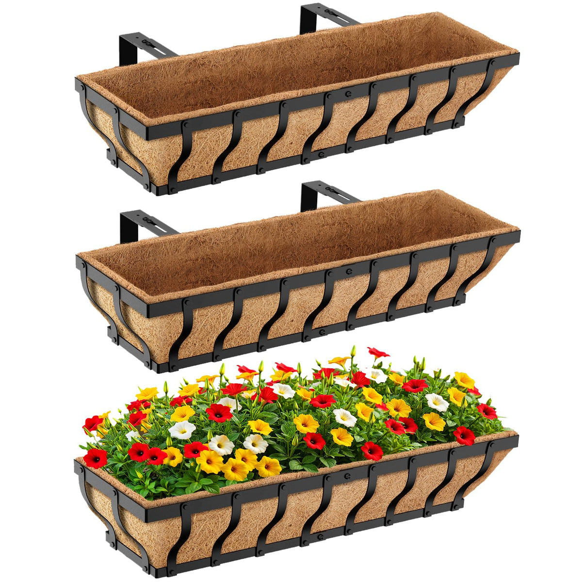 VOXOR Railing Planter Boxes, Heavy Duty Window Box Planters, Adjustable Balcony Planters for Railing Hanging, with Coco Liner for Deck, Porch, and Patio Gardening (3 Pack, 30 Inch)