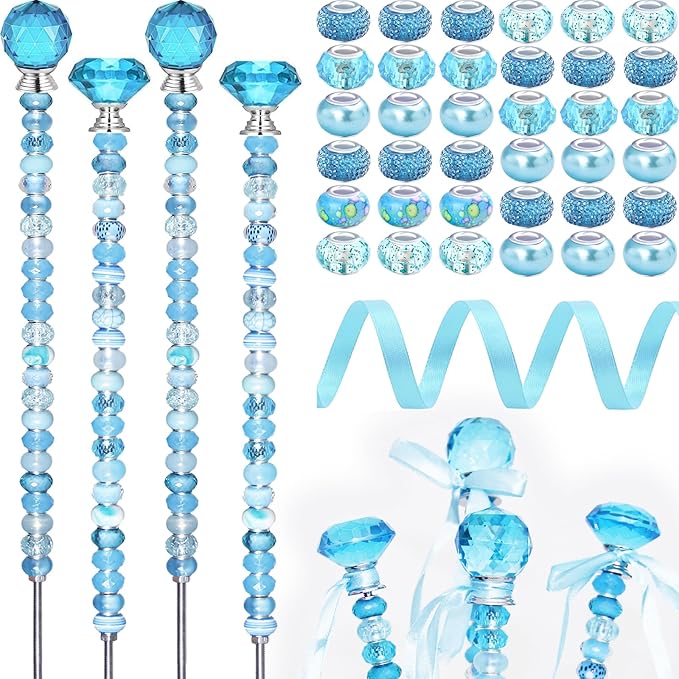 119 Pcs Garden Stake DIY Fairy Wand Plant Stake with Blue Large Hole Beads Crystal Diamond Stopper Top 4 Stainless Steel Threaded Rod Beaded Garden Stakes for Outdoor Indoor Yard Patio Decorations