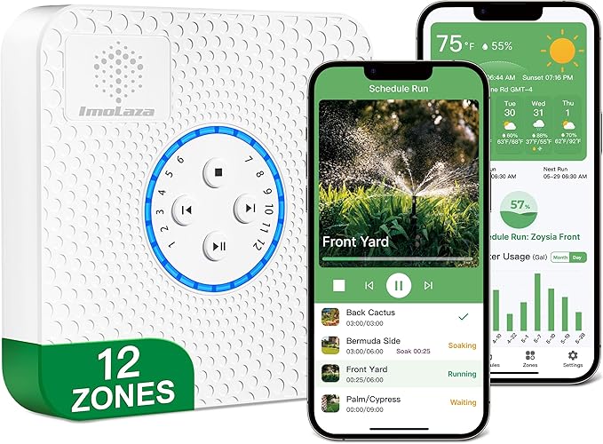 ImoLaza Smart Sprinkler Controller Evapotranspiration Master: 12 Zones WiFi Irrigation Controller with Automated Watering and App Control, Save Water Through Rain, Freeze, Wind and Saturation Skip