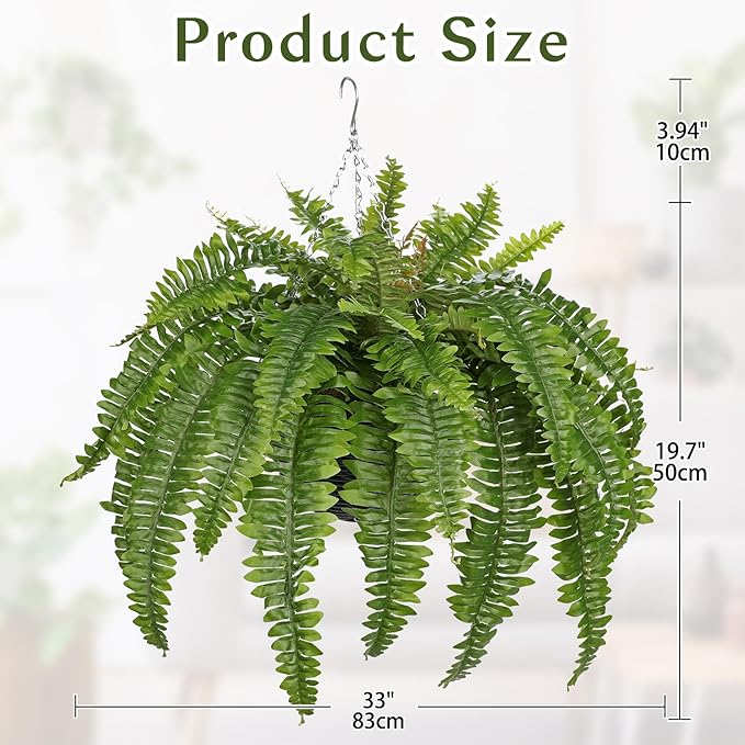 Hollyone 33" Artificial Boston Fern Hanging Basket Large 39 Leaves Fake Ferns in Rattan Pot Greenery Plants for Outdoors & Indoor Faux Fern Bush Basket Plant Patio Garden Home Decor Green