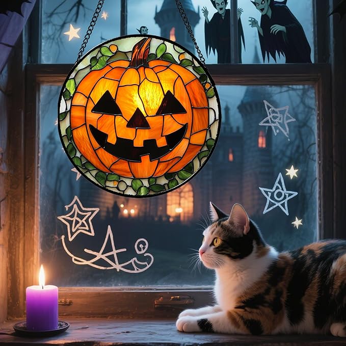 Stained Glass Window Hanging, Halloween Decorations Evil Pumpkin Suncatcher for Doors Garden Indoor Spooky Funny Orange Sun Catchers Gothic Decor Horror Gifts for Women Men Friend 6.3 in