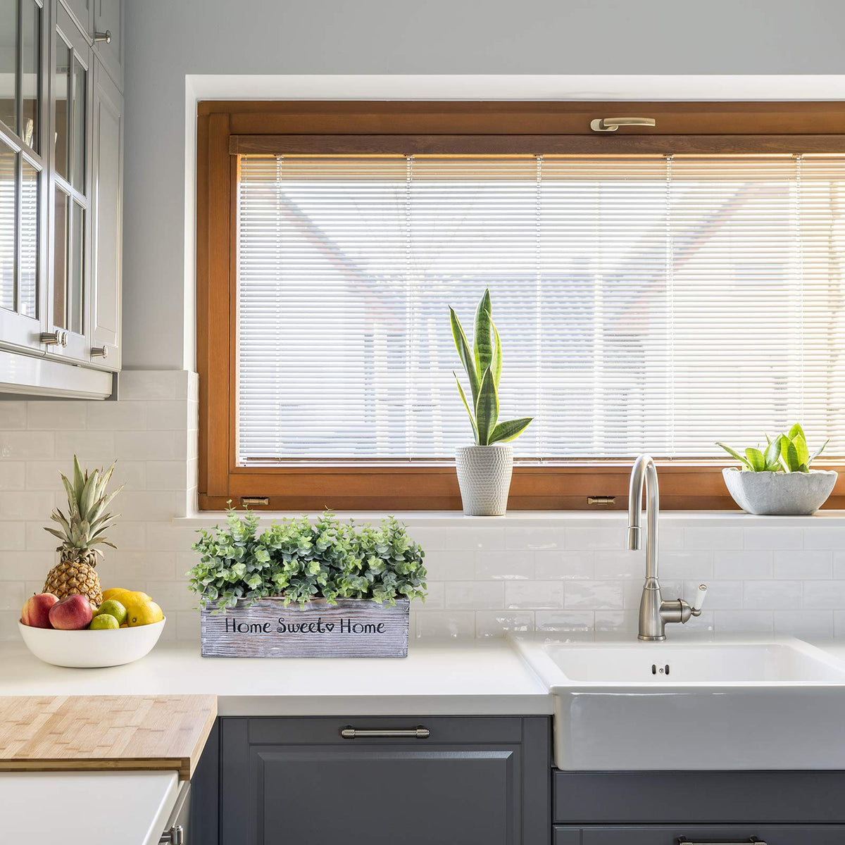1 Pcs Wooden Potted Eucalyptus Plant Greenery Arrangement Artificial Eucalyptus Plant in Rectangular Wood Planter Box for Rustic Farmhouse Indoor Centerpiece Tabletop Window Sills Kitchen Shelf Decor