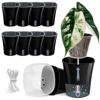 Vandorelle 10 Pack 3" Self Watering Pots for Indoor Plants, Clear Inner Cup, Small Black Plastic Planters, Water Level Indicator, Drainage Holes, Extra 3ft Wick, Cuttings,Seedlings,Herb,African Violet